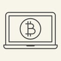 Opened laptop with bitcoin coin thin line icon. Crypto coin on notebook vector illustration isolated on white