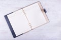Opened leather notebook on white wooden background