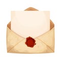 Opened letter, envelope with empty paper and red wax seal in cartoon style. Vintage, old correspondence. Textured and Royalty Free Stock Photo