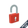 Opened lock icon. 3D vector illustration in flat style isolated on white background Royalty Free Stock Photo