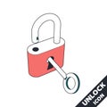 Opened lock and key icon. 3D vector illustration in flat style isolated on white background Royalty Free Stock Photo