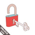Opened lock and key icon. 3D vector illustration in flat style isolated on white background Royalty Free Stock Photo