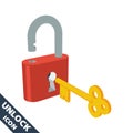 Opened lock and key icon. 3D vector illustration in flat style isolated on white background Royalty Free Stock Photo