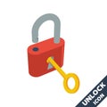 Opened lock and key icon. 3D vector illustration in flat style isolated on white background Royalty Free Stock Photo