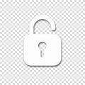 Opened lock. Unlock icon for website. Paper cut style padlock icon with shadow on transparent background. Security concept. Vector Royalty Free Stock Photo