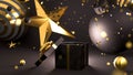 Opened luxury black gift box. Happy New Year or Christmas box with gifts, holiday celebration accessory. Shiny box with