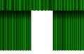 Opened luxury green realistic curtain stage backdrop. Grand opening theatrical event velvet fabric drapes stage opening