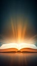 Opened magic book with bright sparkling light rays illuminating the pages. Royalty Free Stock Photo