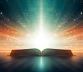 Opened magic book with bright sparkling light rays illuminating the pages. Royalty Free Stock Photo