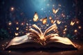 Opened magic fantasy book with magical flying butterflies above upwards. ai generative Royalty Free Stock Photo