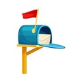 Opened mailbox for letters and newspapers. Blue retro post box for correspondence delivery flat vector illustration Royalty Free Stock Photo