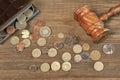 Opened Male Wallet, British Coins And Judges Gavel On Wood