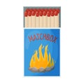 Opened matchbox full of matches. Household flammable tool for lighting fire in cardboard box. Flat vector illustration Royalty Free Stock Photo