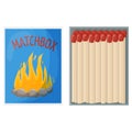Opened matchbox full of matches. Household flammable tool for lighting fire in cardboard box. Flat vector illustration Royalty Free Stock Photo