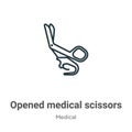 Opened medical scissors outline vector icon. Thin line black opened medical scissors icon, flat vector simple element illustration