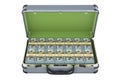 Opened metal hard case full of dollar packs, front view. Silver Aluminum Briefcase with dollar bills. 3D rendering