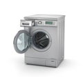 Opened modern washing machine in metallic color.