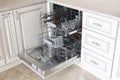 the opened new empty dishwasher machine in the kitchen Royalty Free Stock Photo