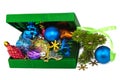 Opened New Year green box with twig Christmas tree