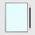 Opened notebook with metallic spiral and pencil isolated on grey. Blank checkered paper sheet. Stationery for education and