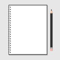 Opened notebook with metallic spiral and pencil isolated on grey. Blank white paper sheet. Stationery for education and business.