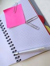 Opened notebook, pink note paper, several paper clips and a white pen Royalty Free Stock Photo