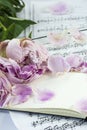 Opened notebook with several pink withered peonies