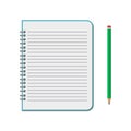 Opened notepad with green pencil. Notebook, sketchbook or diary icon. Template for your design