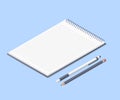 Opened notepad with pencil and pen. Sketchbook or diary. Isometric vector illustration