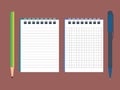 Opened notepad with pencil and pen in top view. Sketchbook or diary. Vector illustration