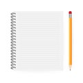 Opened notepad with pencil in top view. Sketchbook or diary. Vector illustration