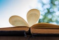 Opened , old , aged , yellow book pages forming a heart outdoors