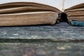 Opened old book on weathered aged pine wood board close up macro shot, Royalty Free Stock Photo