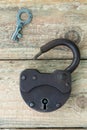 Opened old rusty lock with key. Copy space. Looking for problem solution concept in steampunk style Royalty Free Stock Photo