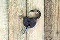 Opened old rusty lock with several keys lying near. Copy space. Looking for problem solution concept in steampunk style Royalty Free Stock Photo