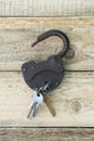 Opened old rusty lock with several keys lying near. Copy space. Looking for problem solution concept in steampunk style Royalty Free Stock Photo