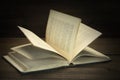 Opened Old Shabby Book With Blurred Text On Wood Background