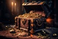 Opened old treasure chest full with gold coins. Generative Ai Royalty Free Stock Photo