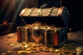 Opened old treasure chest full with gold coins. Generative Ai Royalty Free Stock Photo