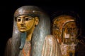 Opened old wooden sarcophagus of a pharaoh from ancient Egypt. exhibition Gods of Egypt.