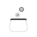 Opened outline black and white purse with coins falling to open wallet. Isolated vector illustration on white background