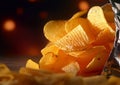 Opened pack of crunchy potato crisps chips on table.Macro.AI Generative