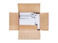 Opened package. Top view of open delivery with blank white box i