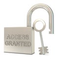 Opened padlock, key and access granted text Royalty Free Stock Photo