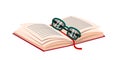 Opened paper book with bookmark and glasses. Literature and wisdom. Knowledge and education. Writing information