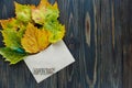 Opened paper envelope on old brown wooden background with yellow leaves. Vintage style of communication. Royalty Free Stock Photo