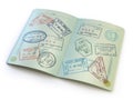 Opened passport with visa stamps on the pages on white Royalty Free Stock Photo