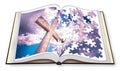 Opened photobook with christian cross in puzzle shape - concept image