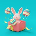 Opened pink gift box with easter bunny and colorful easter eggs,3d rendering