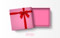 Opened pink gift box with red bow isolated on white background, vector